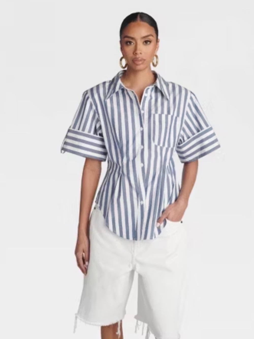 KBB by KAHLANA Short Sleeve' The Hourglass Button-Down Shirt' Blue Striped L NWT